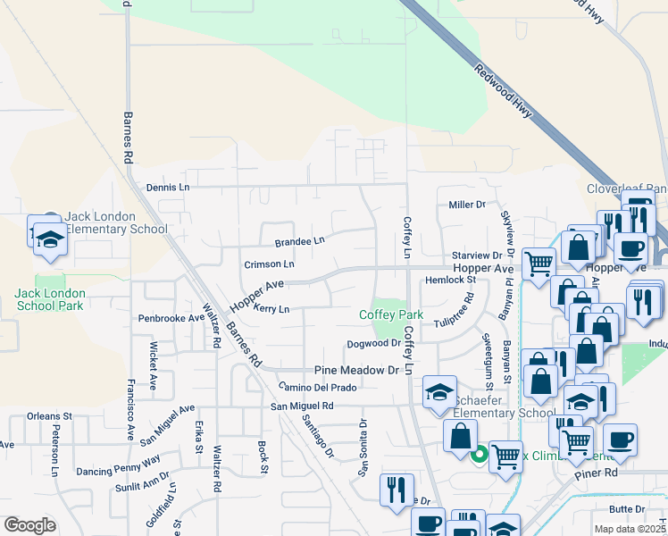 map of restaurants, bars, coffee shops, grocery stores, and more near 1641 Hopper Avenue in Santa Rosa