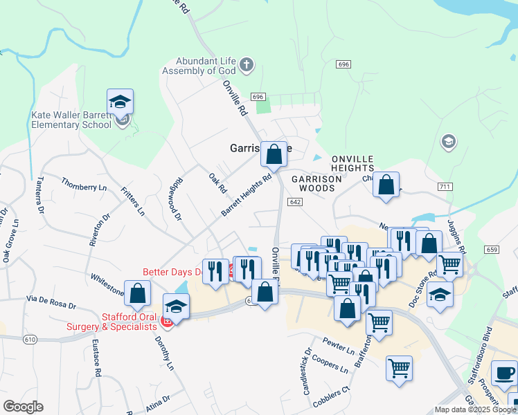 map of restaurants, bars, coffee shops, grocery stores, and more near 313 Mews Court in Stafford