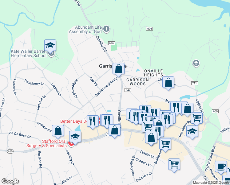 map of restaurants, bars, coffee shops, grocery stores, and more near 409 Mews Court in Stafford