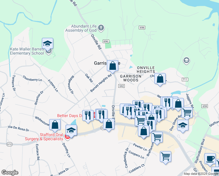 map of restaurants, bars, coffee shops, grocery stores, and more near 409 Mews Court in Stafford
