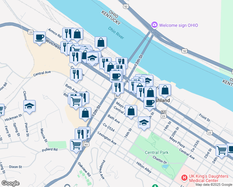 map of restaurants, bars, coffee shops, grocery stores, and more near 1224 Carter Avenue in Ashland