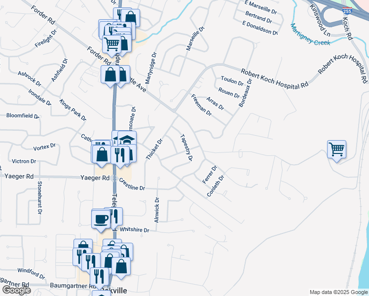 map of restaurants, bars, coffee shops, grocery stores, and more near 4420 Niagara Drive in St. Louis