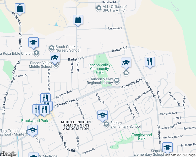 map of restaurants, bars, coffee shops, grocery stores, and more near 5056 Rick Drive in Santa Rosa