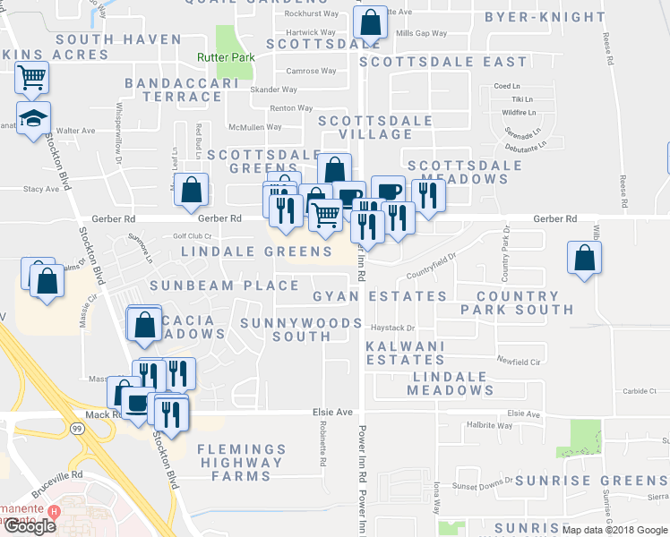 map of restaurants, bars, coffee shops, grocery stores, and more near 7847 Orchard Woods Circle in Sacramento