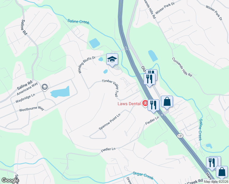 map of restaurants, bars, coffee shops, grocery stores, and more near 368 Timber Valley Trail in Fenton