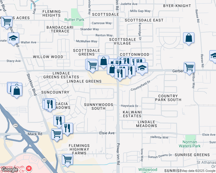 map of restaurants, bars, coffee shops, grocery stores, and more near 7843 Orchard Woods Circle in Sacramento