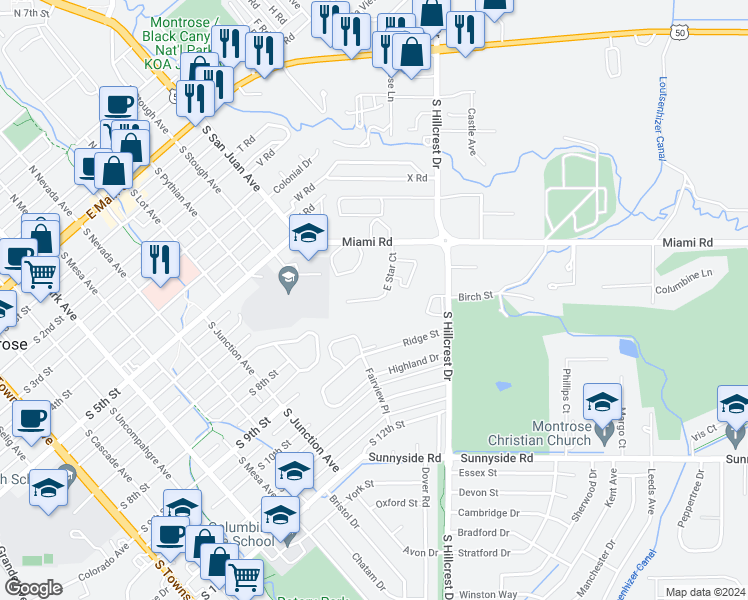 map of restaurants, bars, coffee shops, grocery stores, and more near 629 East Star Court in Montrose