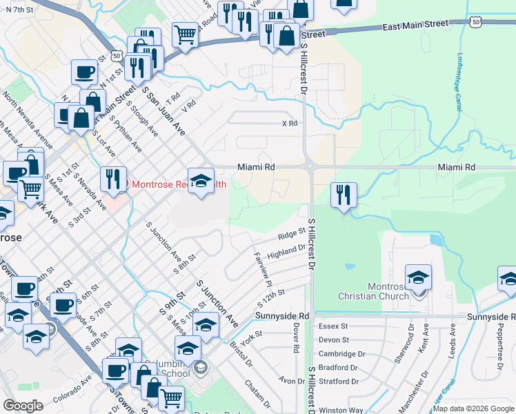 map of restaurants, bars, coffee shops, grocery stores, and more near 629 East Star Court in Montrose
