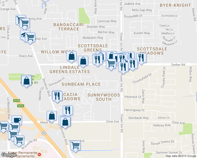 map of restaurants, bars, coffee shops, grocery stores, and more near 7805 Orchard Woods Circle in Sacramento