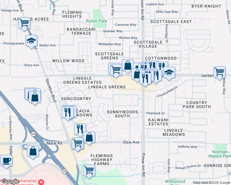 map of restaurants, bars, coffee shops, grocery stores, and more near 7652 Harvest Woods Drive in Sacramento