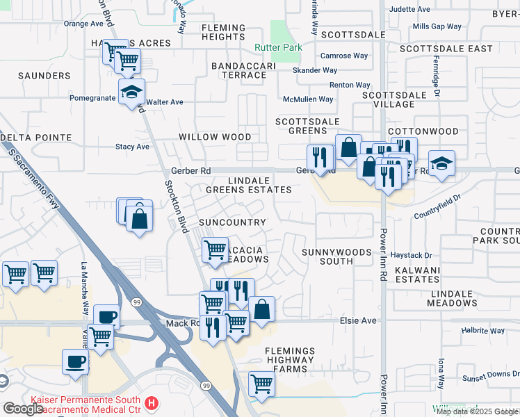 map of restaurants, bars, coffee shops, grocery stores, and more near 7413 Sunspark Lane in Sacramento
