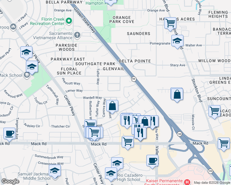 map of restaurants, bars, coffee shops, grocery stores, and more near 5985 Wardell Way in Sacramento