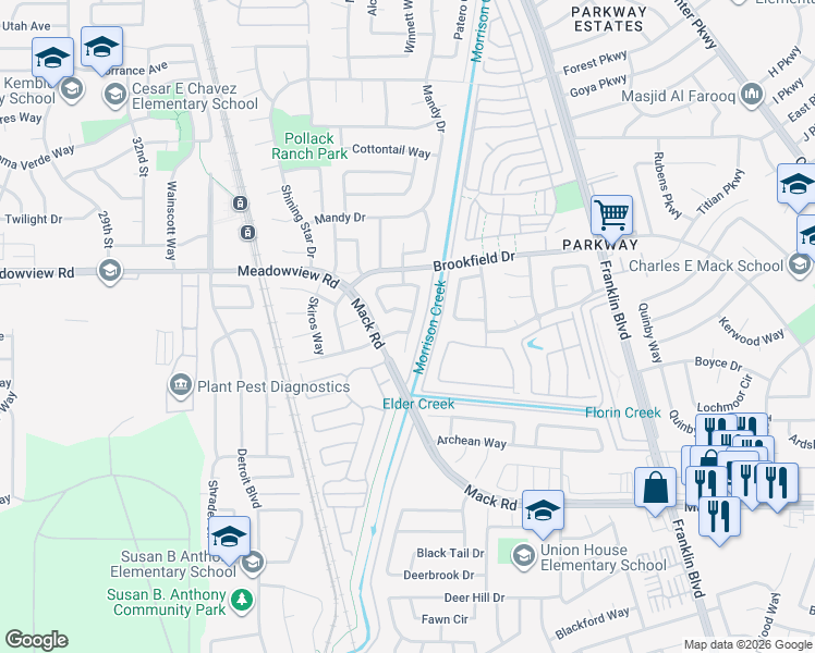 map of restaurants, bars, coffee shops, grocery stores, and more near 3920 Samos Way in Sacramento