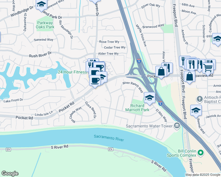 map of restaurants, bars, coffee shops, grocery stores, and more near 1183 Smoke River Way in Sacramento