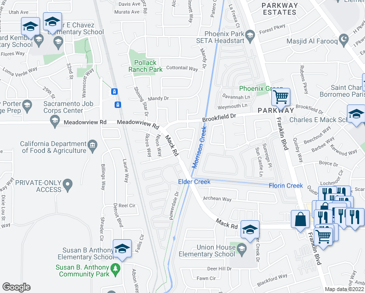 map of restaurants, bars, coffee shops, grocery stores, and more near 3920 Samos Way in Sacramento
