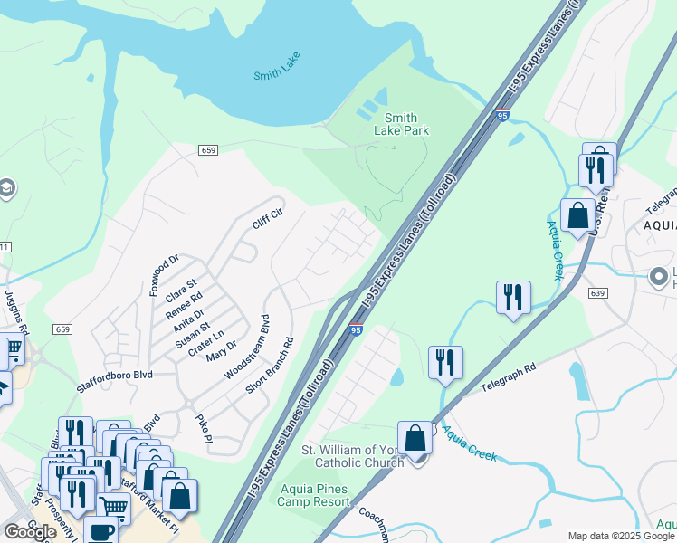 map of restaurants, bars, coffee shops, grocery stores, and more near 43 Niday Drive in Stafford