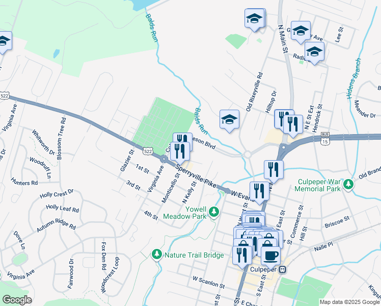 map of restaurants, bars, coffee shops, grocery stores, and more near Washington Street in Culpeper