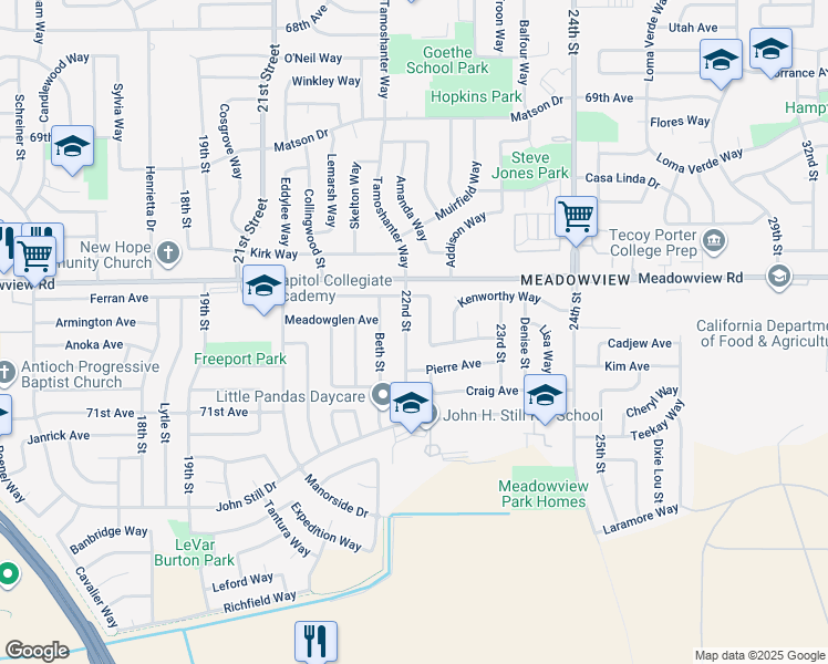 map of restaurants, bars, coffee shops, grocery stores, and more near 7625 22nd Street in Sacramento