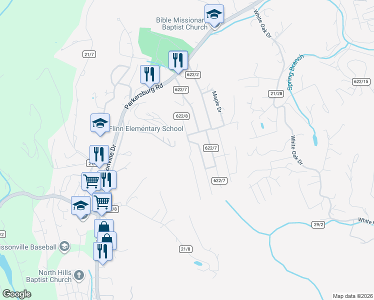 map of restaurants, bars, coffee shops, grocery stores, and more near 1701-1763 Winding Hill Drive in Sissonville