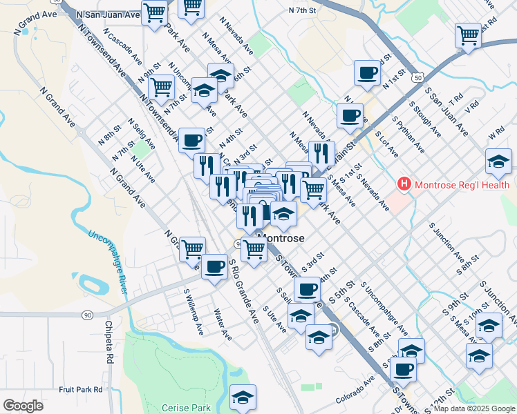 map of restaurants, bars, coffee shops, grocery stores, and more near 347 East Main Street in Montrose
