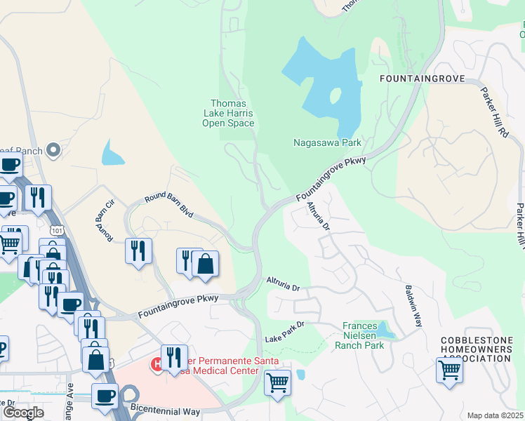 map of restaurants, bars, coffee shops, grocery stores, and more near 855 Fountaingrove Parkway in Santa Rosa