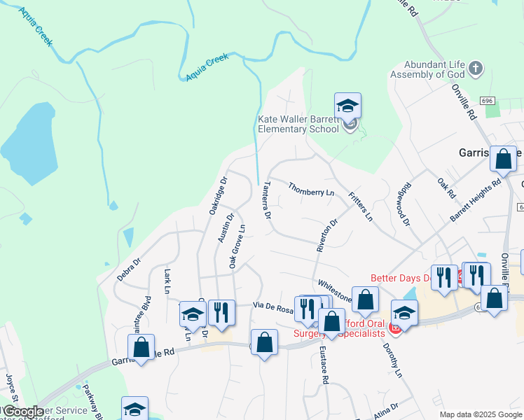 map of restaurants, bars, coffee shops, grocery stores, and more near 40 Tanterra Drive in Stafford