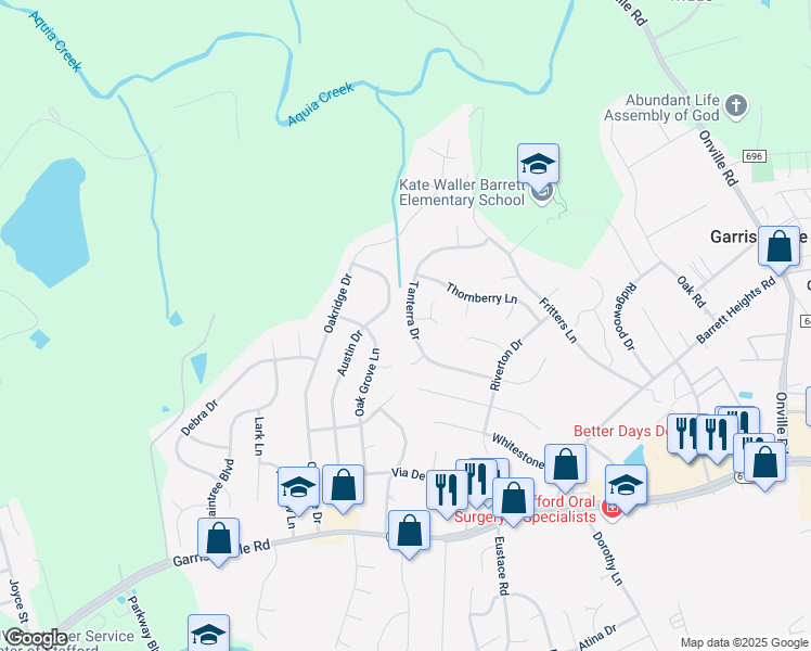 map of restaurants, bars, coffee shops, grocery stores, and more near 40 Tanterra Drive in Stafford