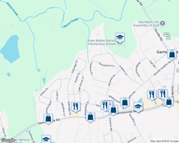 map of restaurants, bars, coffee shops, grocery stores, and more near 40 Tanterra Drive in Stafford
