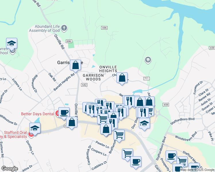 map of restaurants, bars, coffee shops, grocery stores, and more near 78 Newbury Drive in Stafford