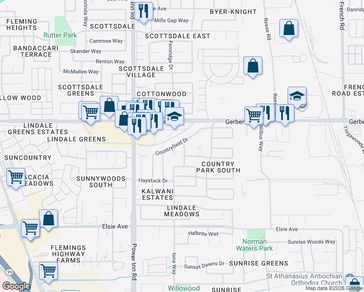 map of restaurants, bars, coffee shops, grocery stores, and more near 7640 Coolfields Way in Sacramento