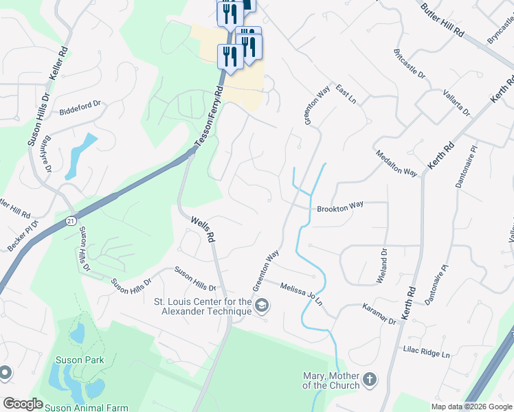 map of restaurants, bars, coffee shops, grocery stores, and more near 4923 Trailside Court in St. Louis