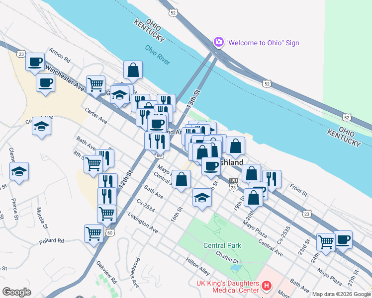 map of restaurants, bars, coffee shops, grocery stores, and more near 1401 Winchester Avenue in Ashland
