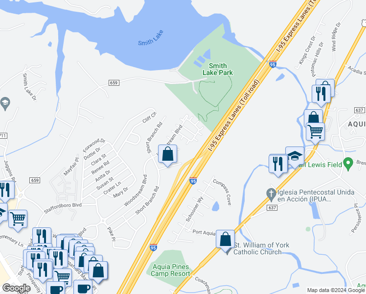 map of restaurants, bars, coffee shops, grocery stores, and more near 39 Niday Drive in Stafford