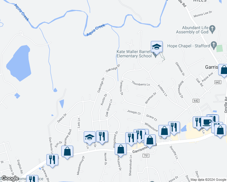map of restaurants, bars, coffee shops, grocery stores, and more near 303 Austin Drive in Stafford