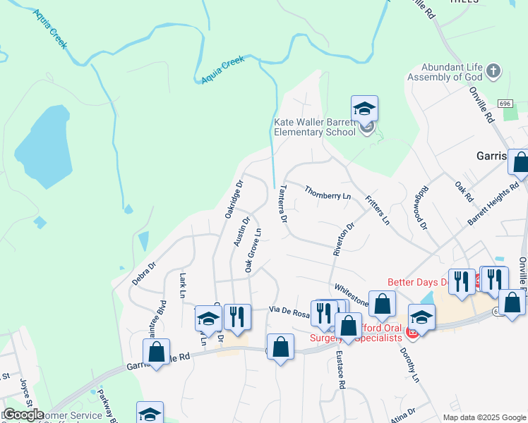 map of restaurants, bars, coffee shops, grocery stores, and more near 303 Austin Drive in Stafford