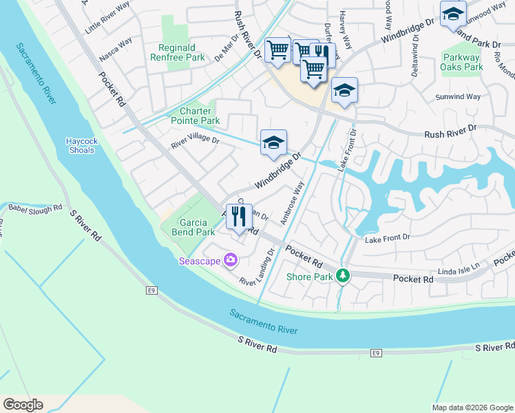 map of restaurants, bars, coffee shops, grocery stores, and more near 7659 Kavooras Drive in Sacramento