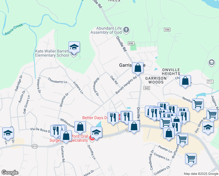 map of restaurants, bars, coffee shops, grocery stores, and more near in Garrisonville
