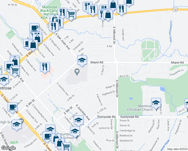 map of restaurants, bars, coffee shops, grocery stores, and more near 629 East Star Court in Montrose