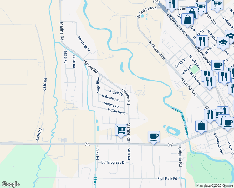 map of restaurants, bars, coffee shops, grocery stores, and more near 14747 Marine Road in Montrose