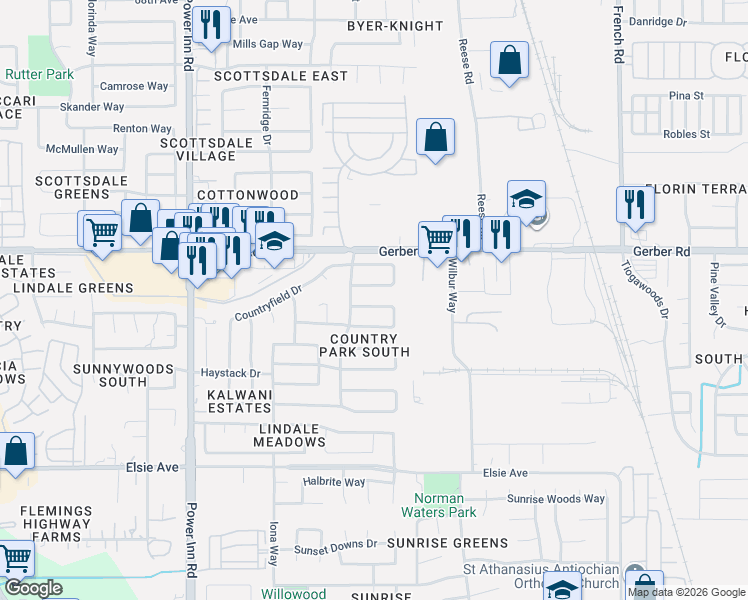 map of restaurants, bars, coffee shops, grocery stores, and more near 8262 Fieldpoppy Circle in Sacramento