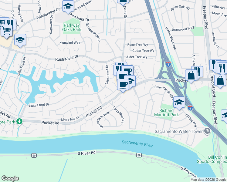 map of restaurants, bars, coffee shops, grocery stores, and more near 1015 East Landing Way in Sacramento