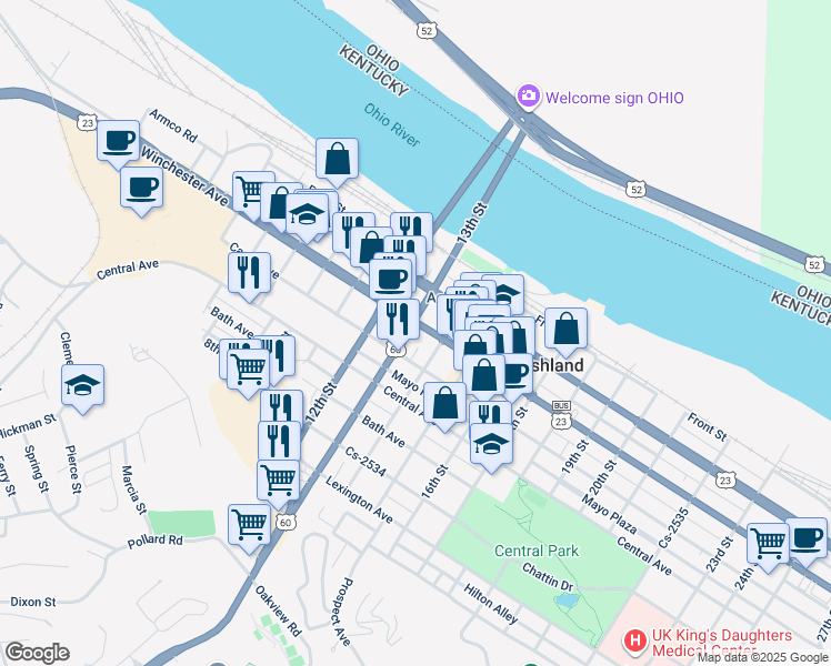 map of restaurants, bars, coffee shops, grocery stores, and more near 1304 Winchester Avenue in Ashland