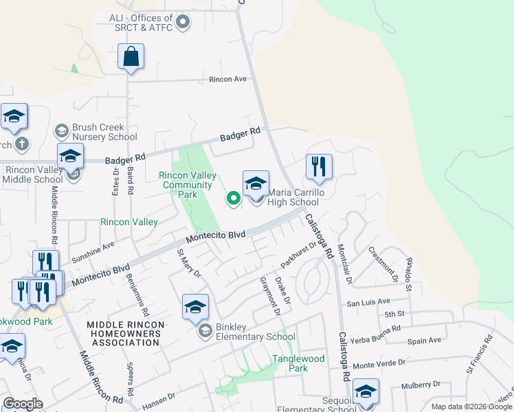 map of restaurants, bars, coffee shops, grocery stores, and more near 7053 Montecito Boulevard in Santa Rosa