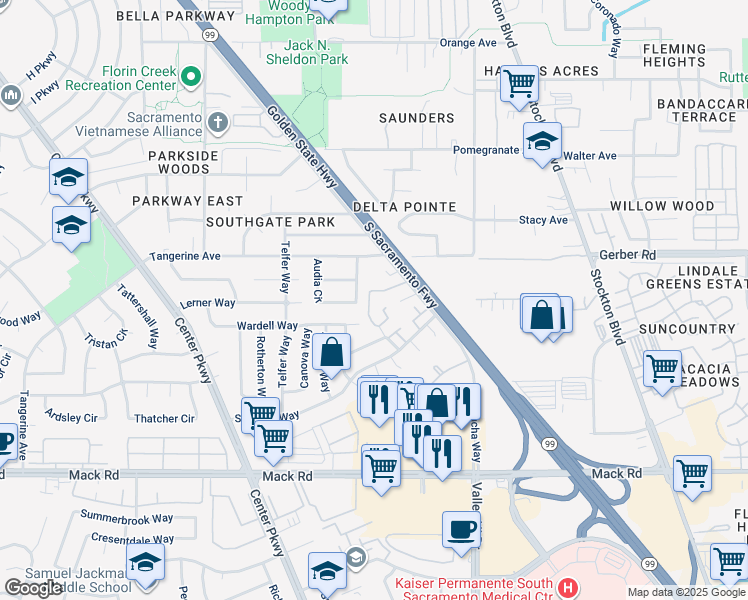 map of restaurants, bars, coffee shops, grocery stores, and more near 7682 La Mancha Way in Sacramento