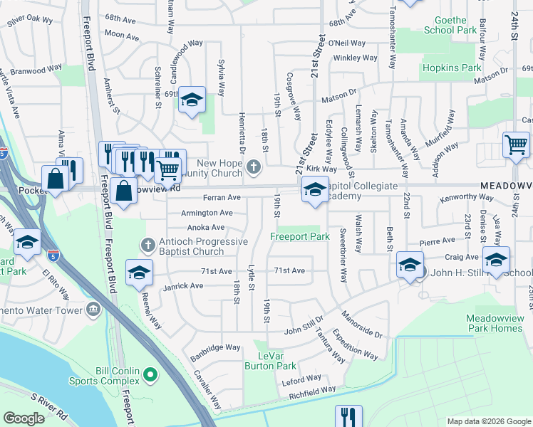 map of restaurants, bars, coffee shops, grocery stores, and more near 7641 Lytle Street in Sacramento