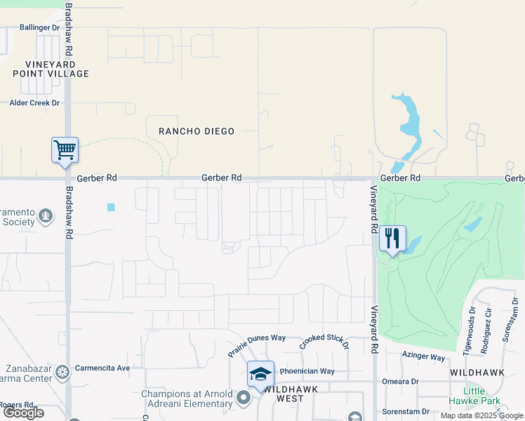 map of restaurants, bars, coffee shops, grocery stores, and more near 9850 Gerber Road in Sacramento