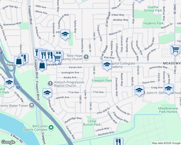 map of restaurants, bars, coffee shops, grocery stores, and more near 7641 Lytle Street in Sacramento