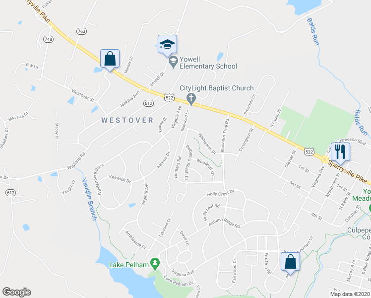 map of restaurants, bars, coffee shops, grocery stores, and more near 602 Pelham's Reach Drive in Culpeper