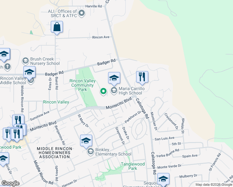 map of restaurants, bars, coffee shops, grocery stores, and more near 6975 Montecito Boulevard in Santa Rosa