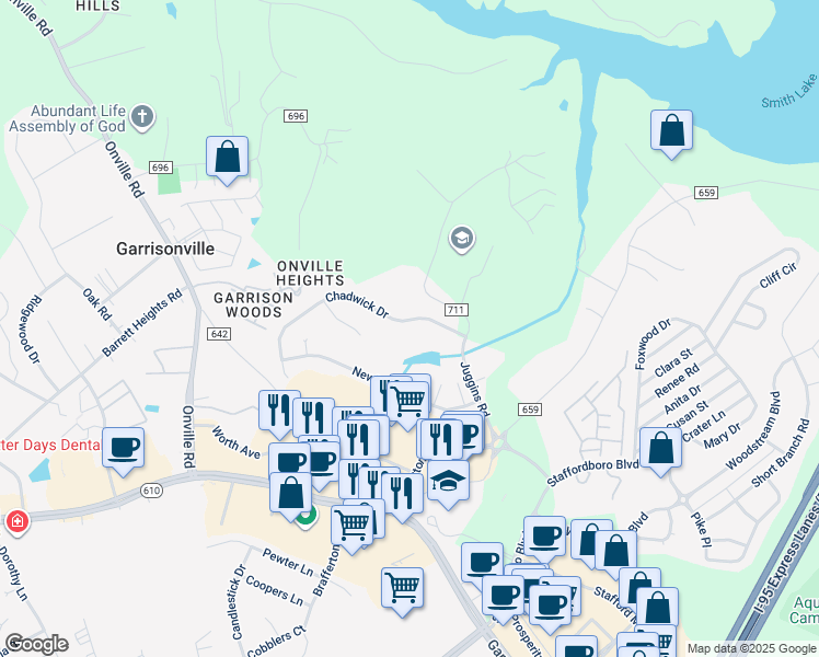 map of restaurants, bars, coffee shops, grocery stores, and more near 25 Chadwick Drive in Stafford